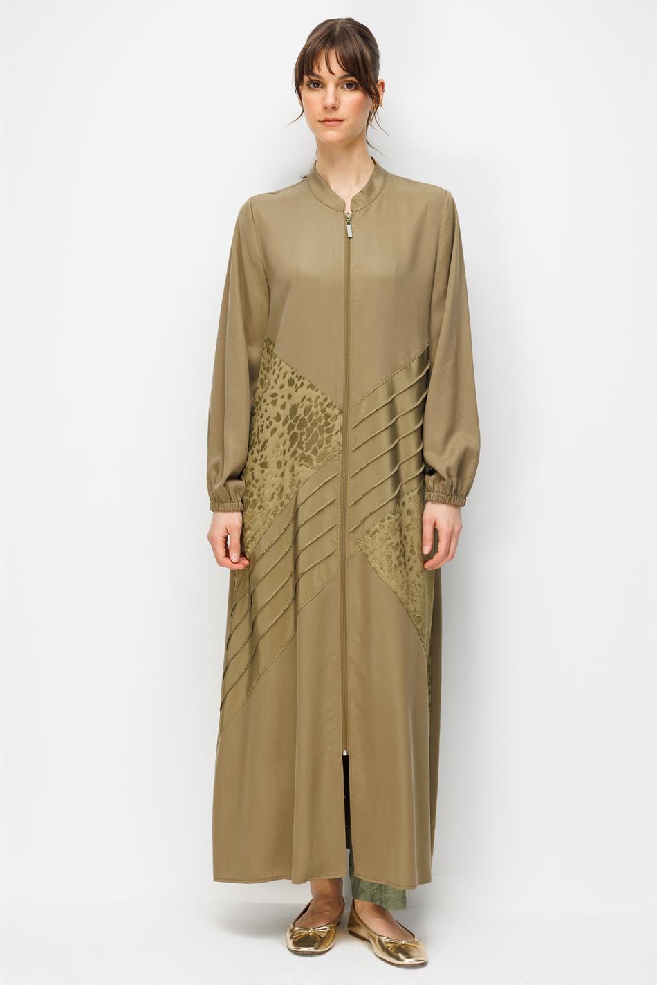 %100 Doğal LyoCELL Maxi Dökümlü Soft Kumaş Garni ve Elişi Nervür Detaylı Ferace-Haki