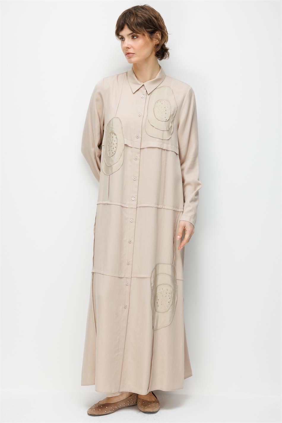 %100 Doğal LyoCELL Maxi Dökümlü Soft Kumaş Elişi Flora İşleme Detaylı Maxi Tunik Ferace-Taş