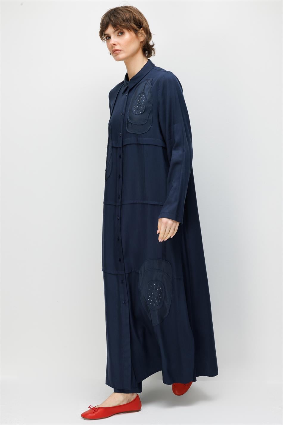 %100 Doğal LyoCELL Maxi Dökümlü Soft Kumaş Elişi Flora İşleme Detaylı Maxi Tunik Ferace-Laci