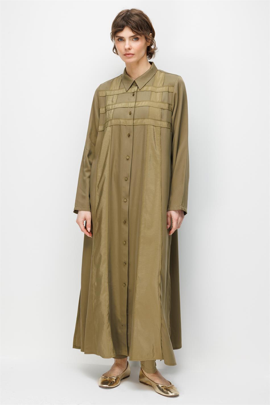 %100 Doğal LyoCELL Maxi Dökümlü Soft Kumaş Poly Cupra Desen İşleme Spor Kap Ferace-Haki