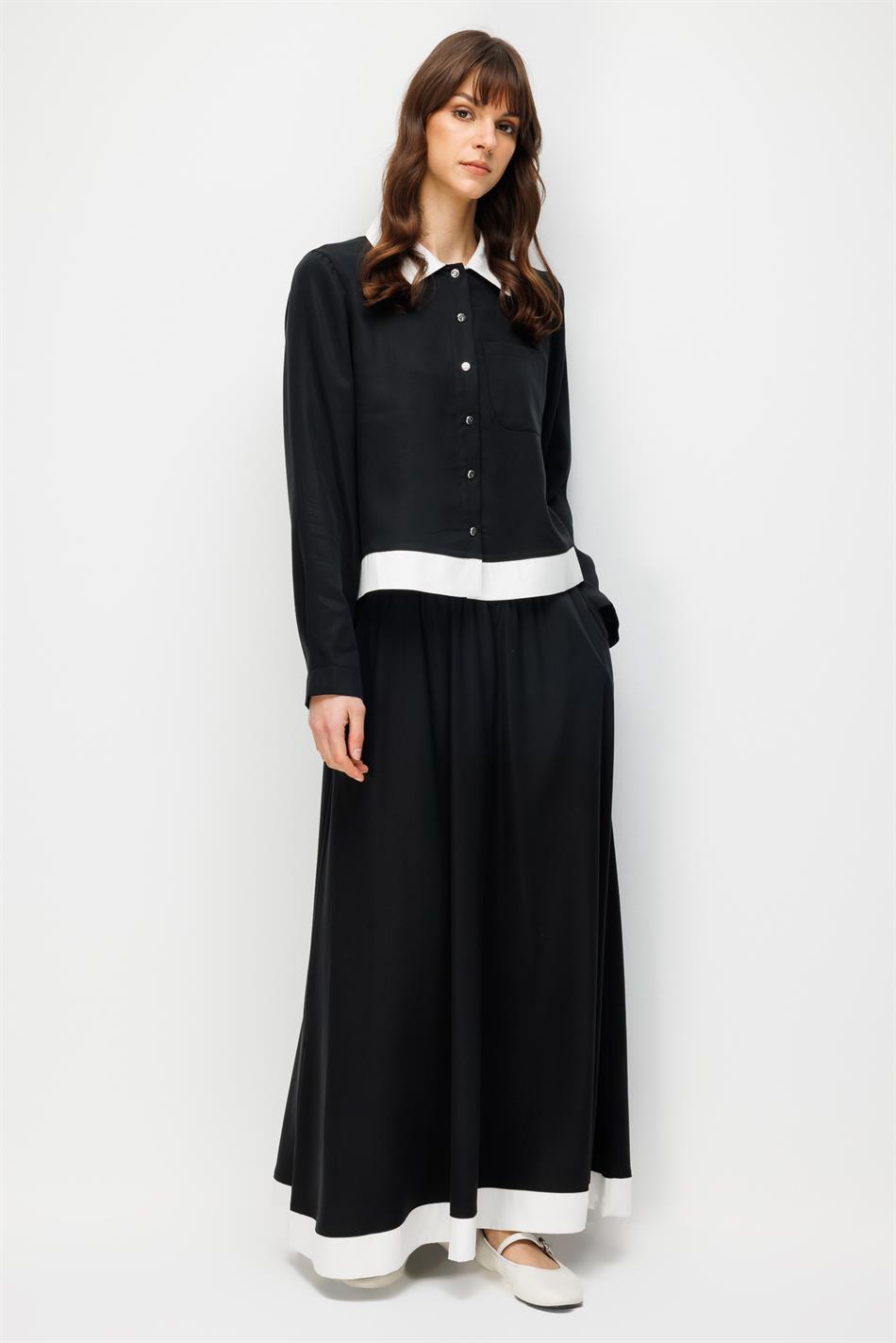 %100 Doğal LyoCELL Maxi Dökümlü Soft Kumaş Summer Garnili Etek Kombinli TAKIM-Siyah