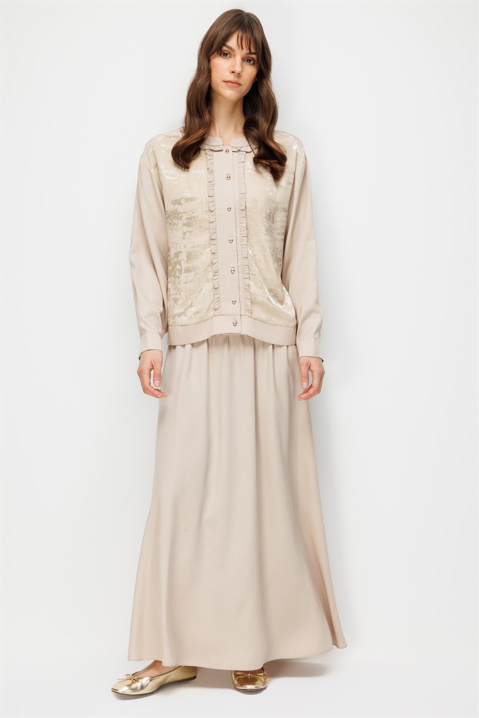 %100 Doğal LyoCELL Maxi Dökümlü Soft Kumaş Etek ve Özel Desen Geçişli Ceket Kombinli TAKIM-Taş