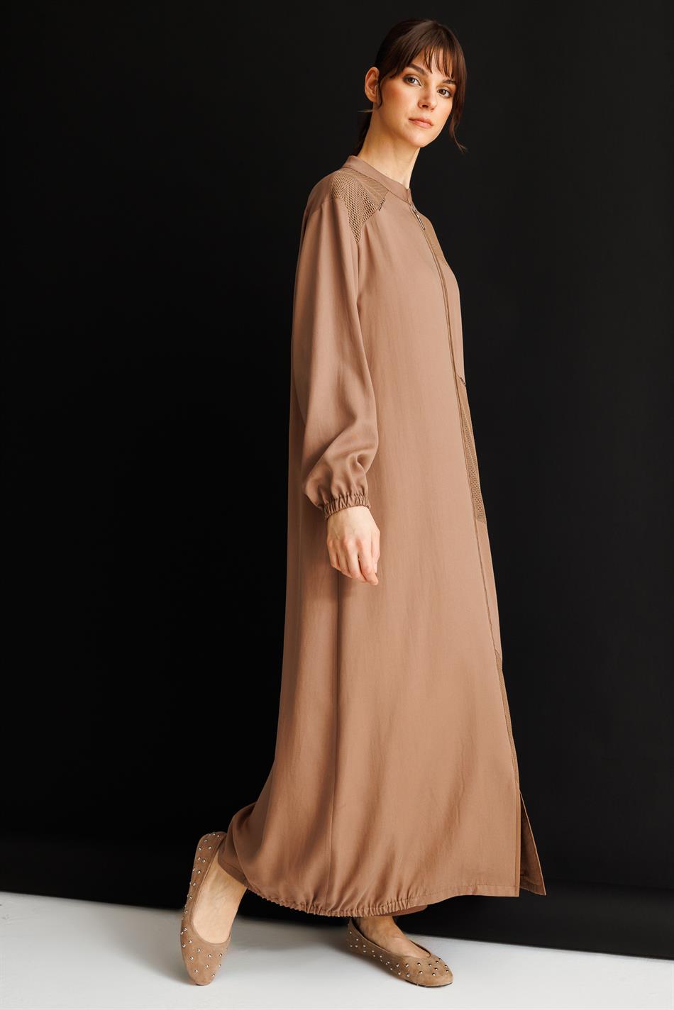 %100 Doğal LyoCELL Maxi Dökümlü Soft Step File Garni Detaylı Ferace-Kahve