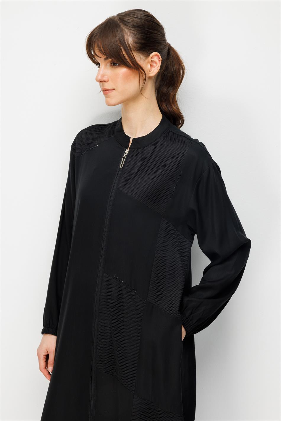 %100 Doğal LyoCELL Maxi Dökümlü Soft Step File Garni Detaylı Ferace-Siyah