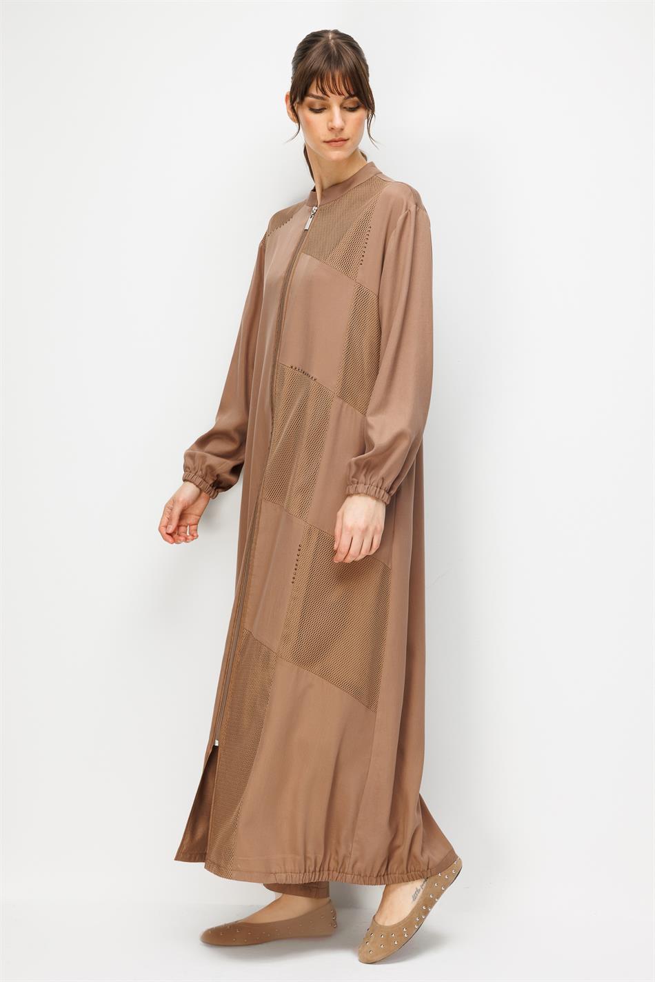 %100 Doğal LyoCELL Maxi Dökümlü Soft Step File Garni Detaylı Ferace-Kahve