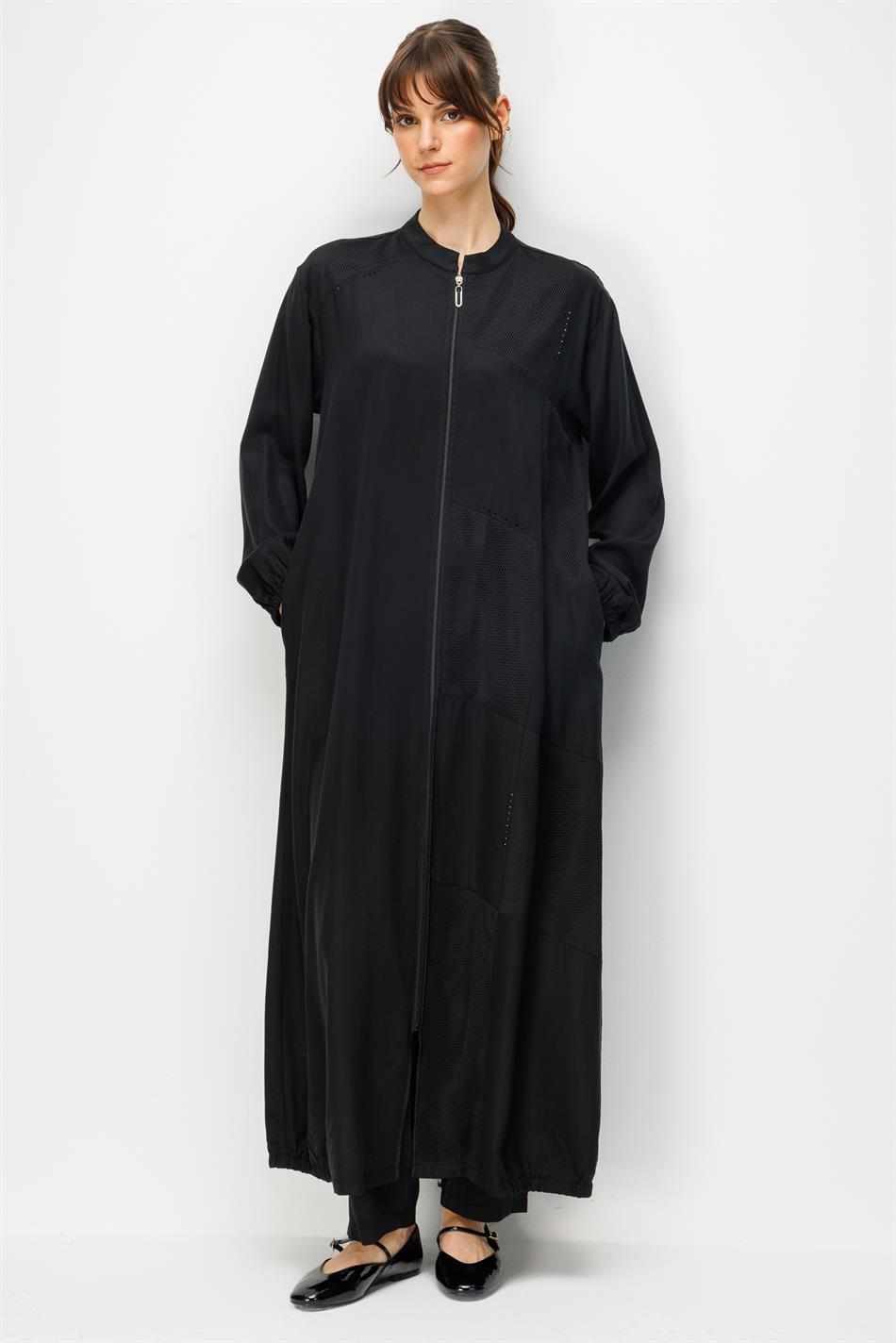 %100 Doğal LyoCELL Maxi Dökümlü Soft Step File Garni Detaylı Ferace-Siyah