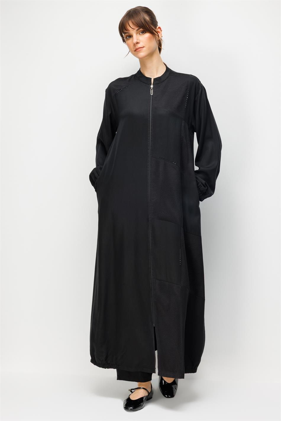 %100 Doğal LyoCELL Maxi Dökümlü Soft Step File Garni Detaylı Ferace-Siyah