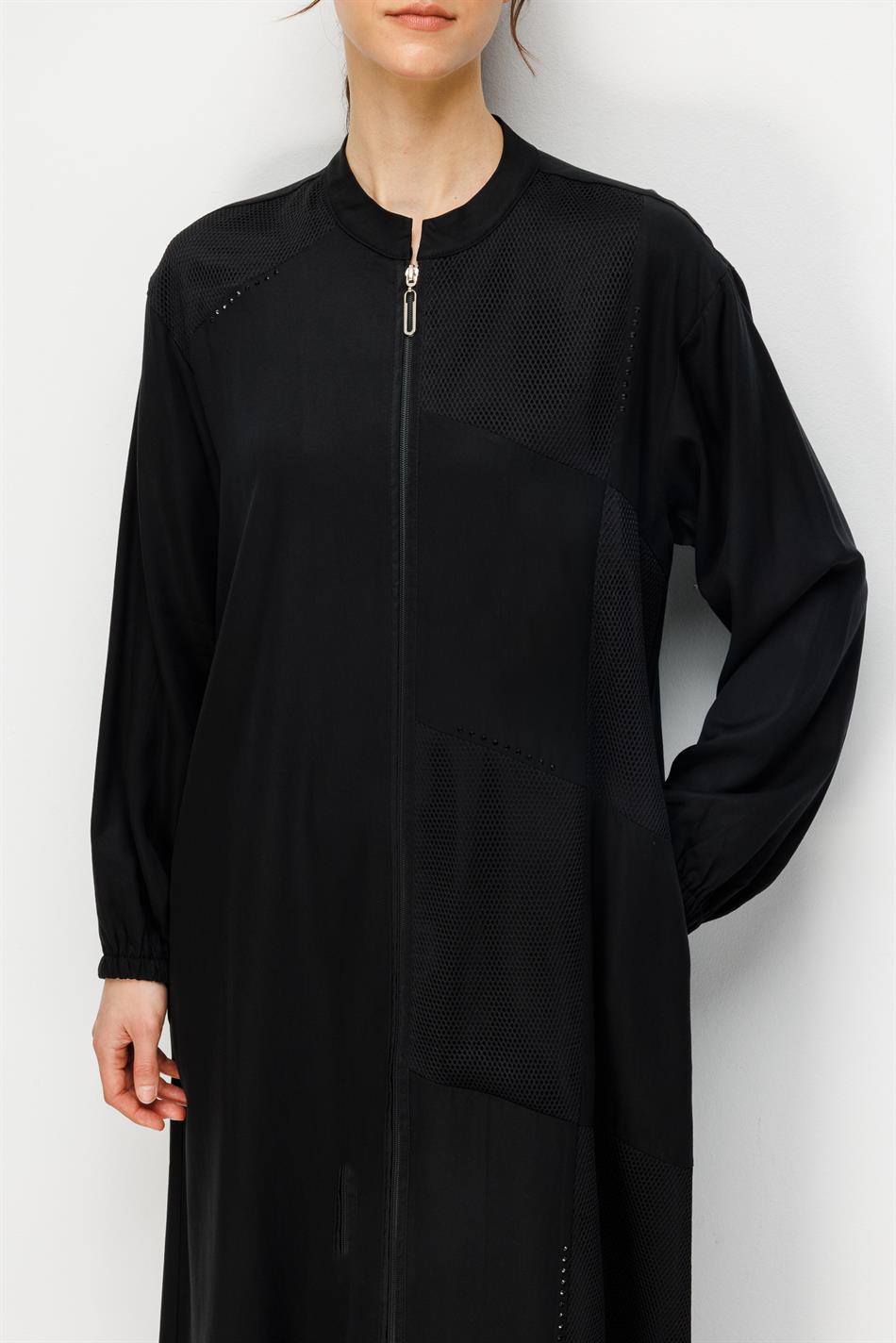 %100 Doğal LyoCELL Maxi Dökümlü Soft Step File Garni Detaylı Ferace-Siyah