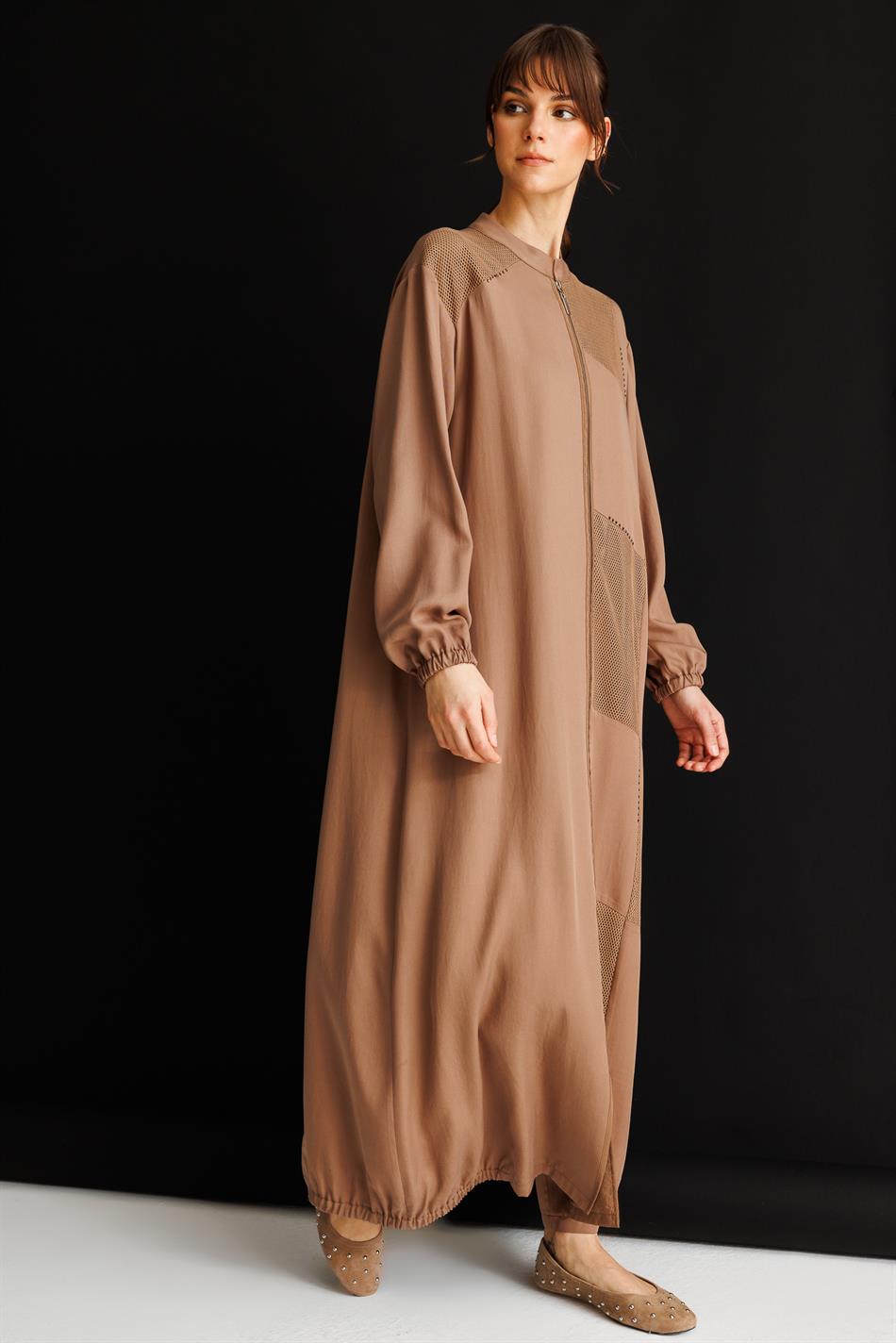 %100 Doğal LyoCELL Maxi Dökümlü Soft Step File Garni Detaylı Ferace-Kahve