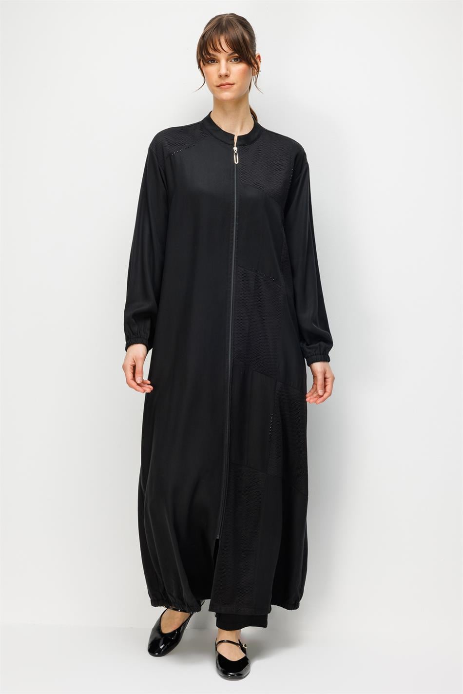 %100 Doğal LyoCELL Maxi Dökümlü Soft Step File Garni Detaylı Ferace-Siyah