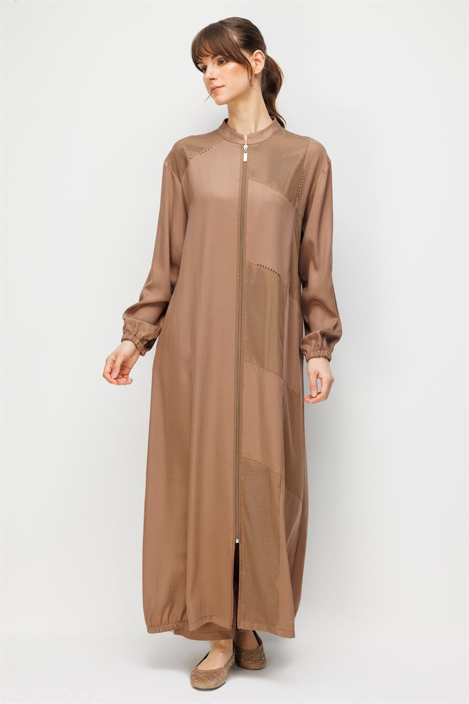 %100 Doğal LyoCELL Maxi Dökümlü Soft Step File Garni Detaylı Ferace-Kahve