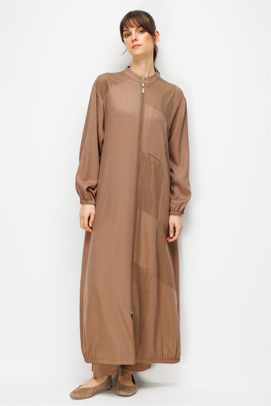 %100 Doğal LyoCELL Maxi Dökümlü Soft Step File Garni Detaylı Ferace-Kahve