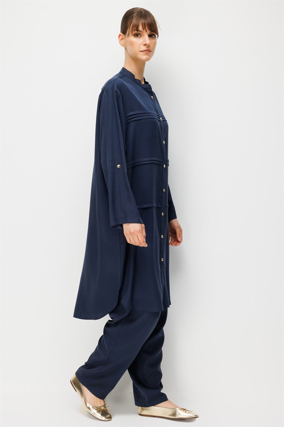 %100 Doğal LyoCELL Sıralı Aller Nervür Detaylı Maxi Tunik ve Pantalon Kombinli Takım-Laci