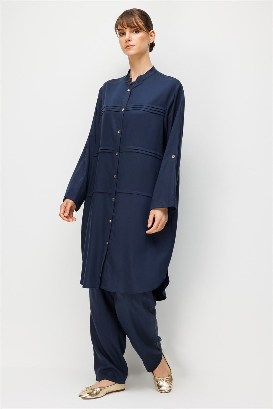 %100 Doğal LyoCELL Sıralı Aller Nervür Detaylı Maxi Tunik ve Pantalon Kombinli Takım-Laci