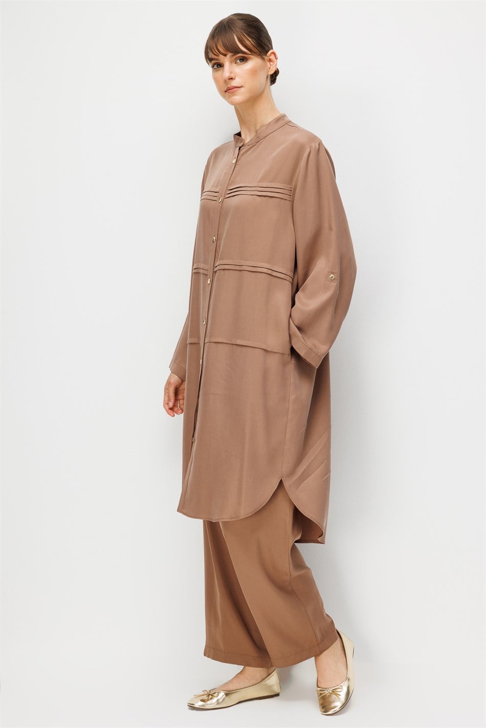 %100 Doğal LyoCELL Sıralı Aller Nervür Detaylı Maxi Tunik ve Pantalon Kombinli Takım-Kahve