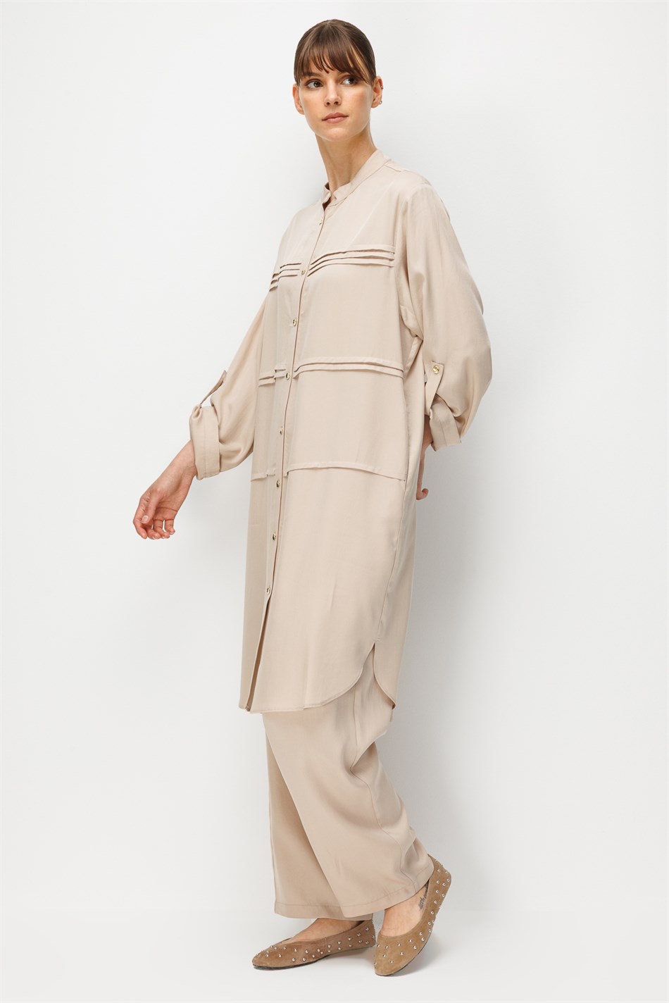 %100 Doğal LyoCELL Sıralı Aller Nervür Detaylı Maxi Tunik ve Pantalon Kombinli Takım-Taş