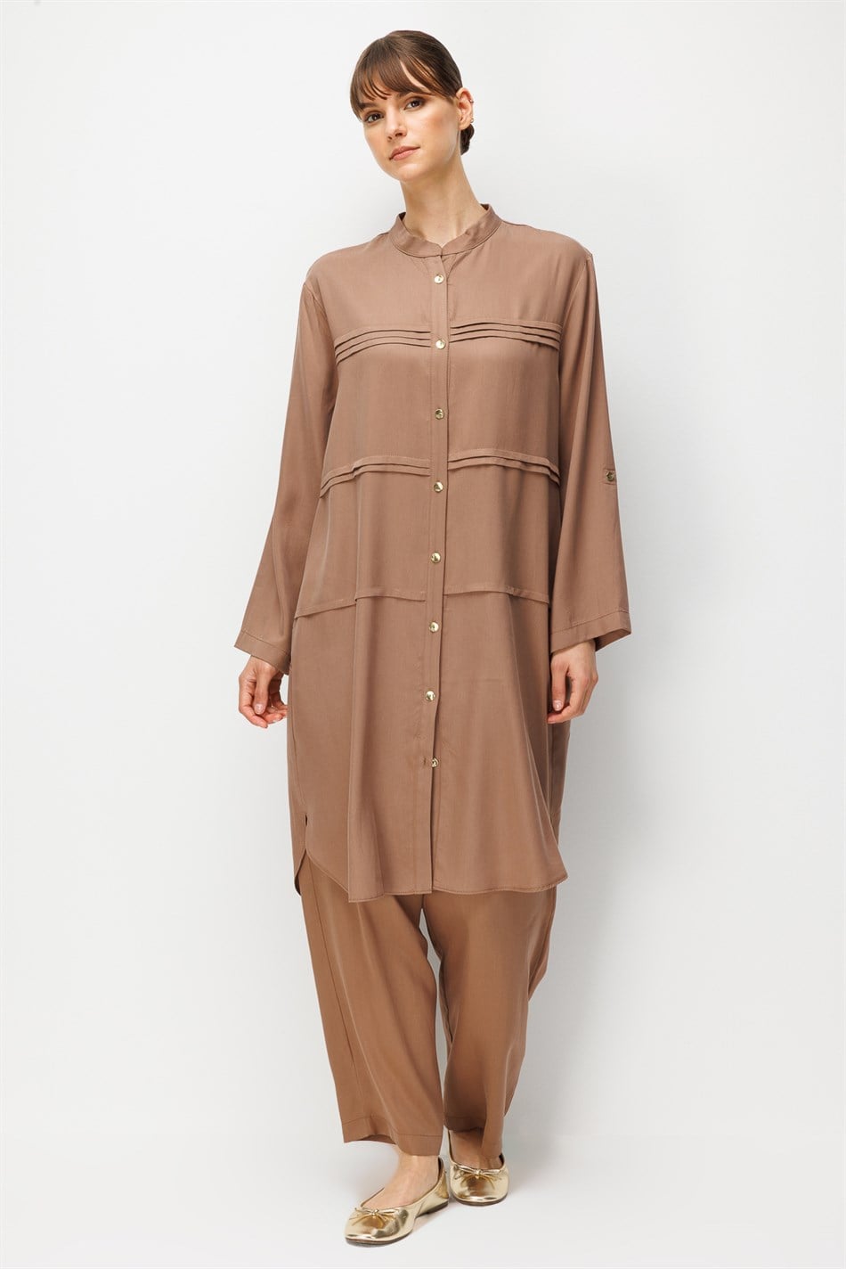 %100 Doğal LyoCELL Sıralı Aller Nervür Detaylı Maxi Tunik ve Pantalon Kombinli Takım-Kahve