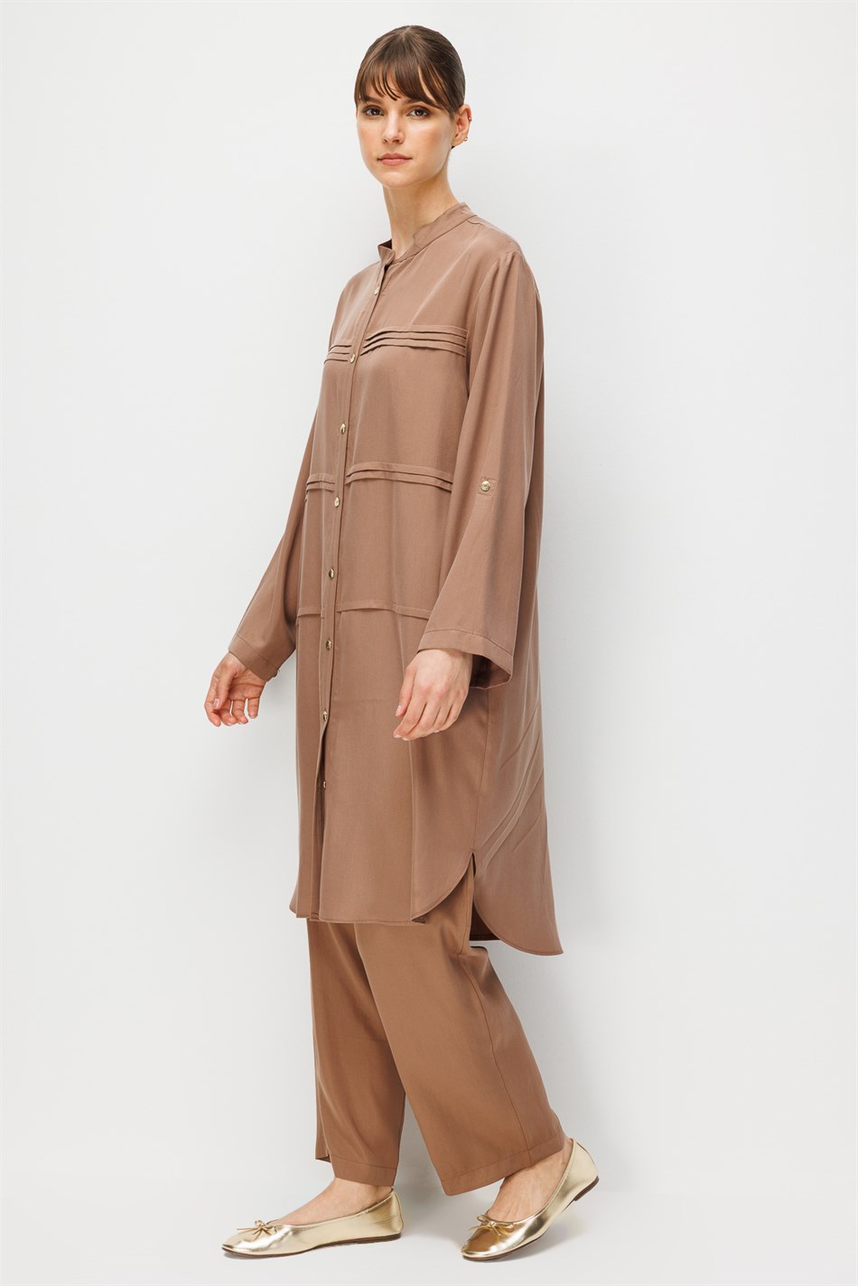 %100 Doğal LyoCELL Sıralı Aller Nervür Detaylı Maxi Tunik ve Pantalon Kombinli Takım-Kahve