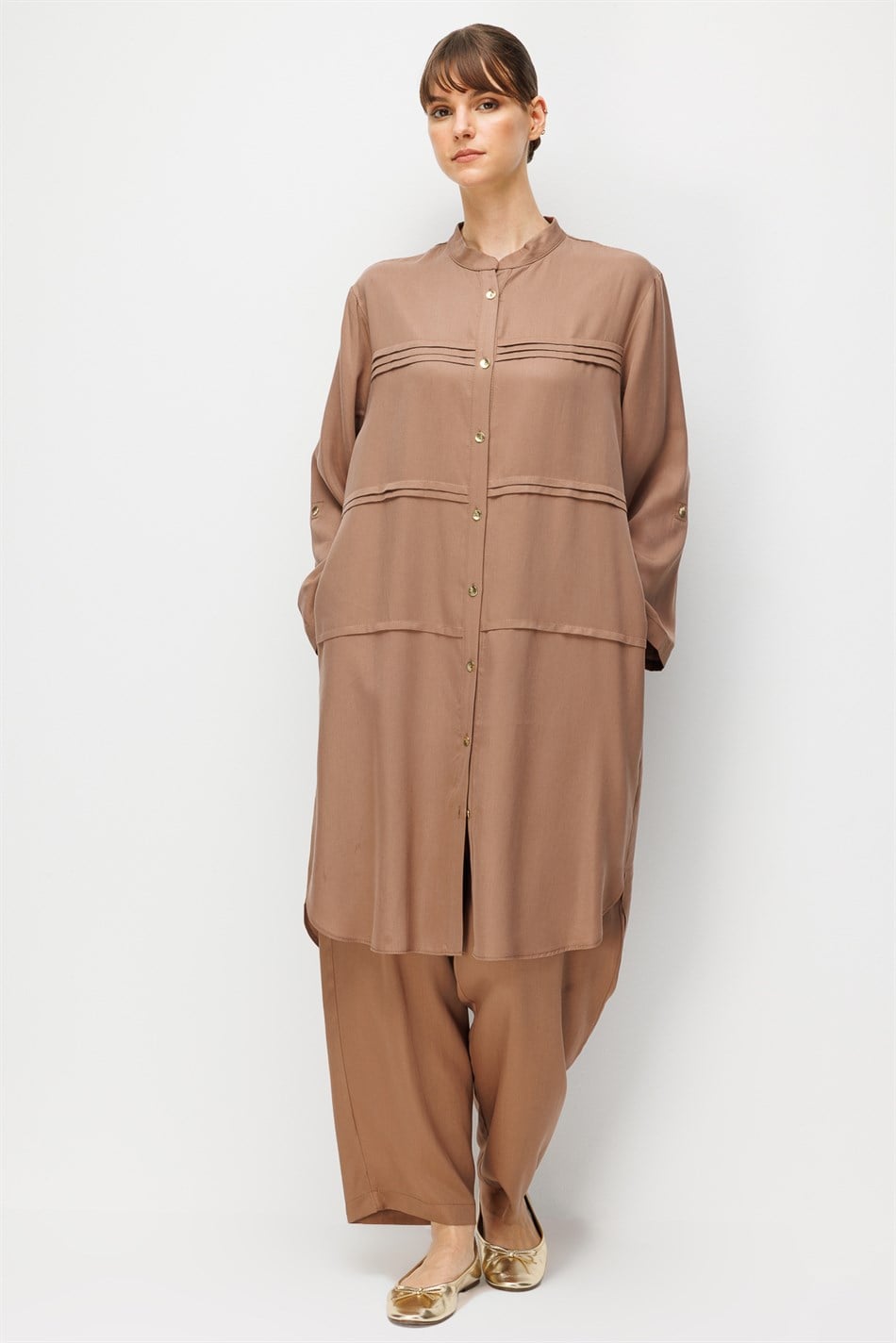 %100 Doğal LyoCELL Sıralı Aller Nervür Detaylı Maxi Tunik ve Pantalon Kombinli Takım-Kahve
