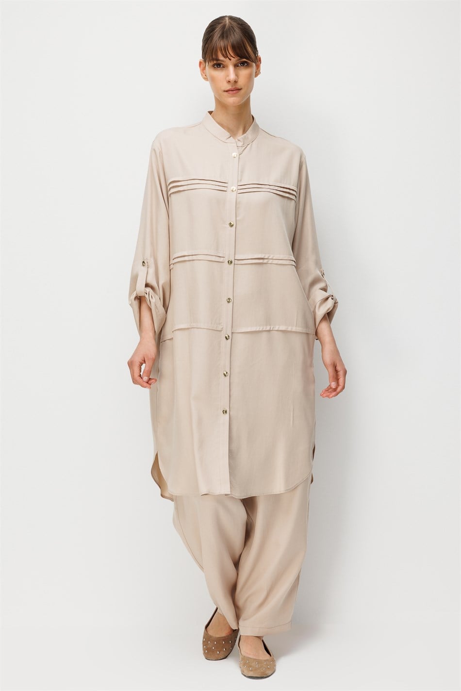 %100 Doğal LyoCELL Sıralı Aller Nervür Detaylı Maxi Tunik ve Pantalon Kombinli Takım-Taş