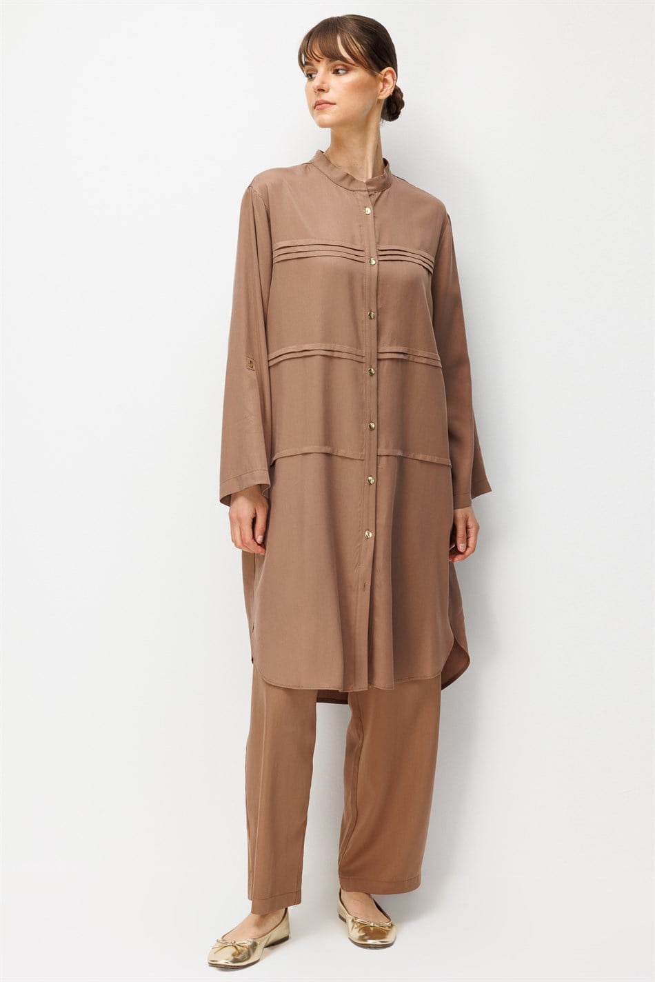 %100 Doğal LyoCELL Sıralı Aller Nervür Detaylı Maxi Tunik ve Pantalon Kombinli Takım-Kahve