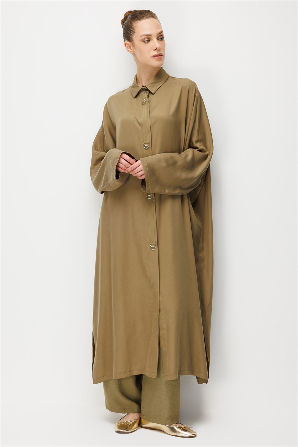 %100 LyoCell Özel Detay Garnili Maxi Tunik Kap-Haki