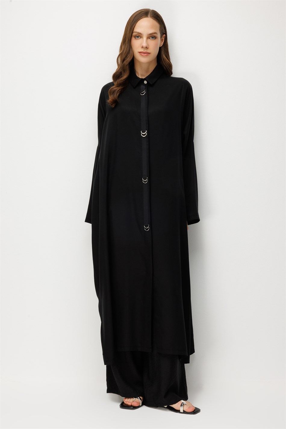 %100 LyoCell Özel Detay Garnili Maxi Tunik Kap-Siyah
