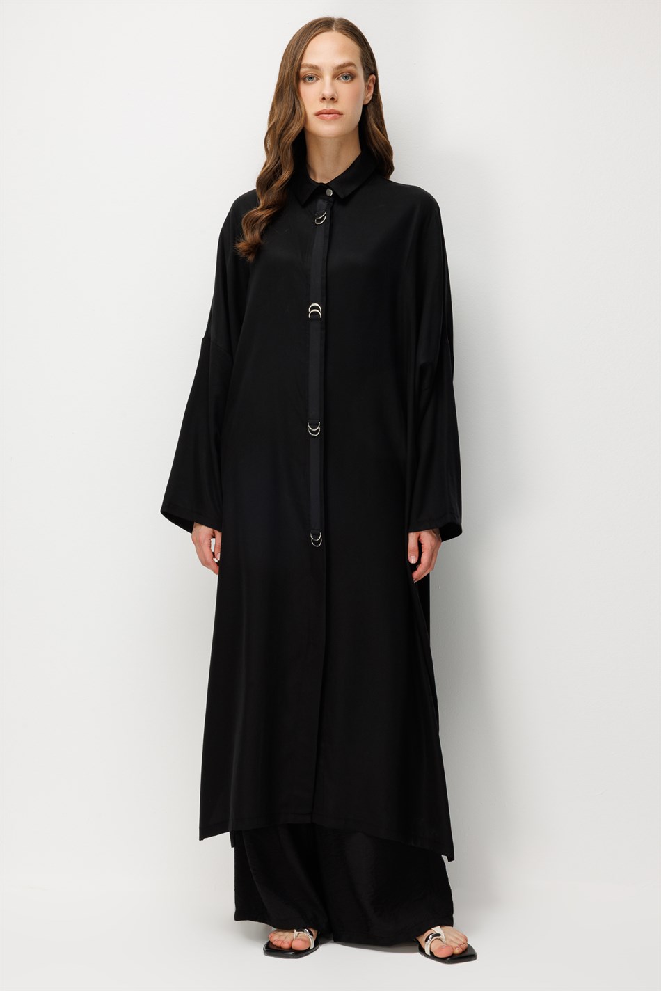 %100 LyoCell Özel Detay Garnili Maxi Tunik Kap-Siyah