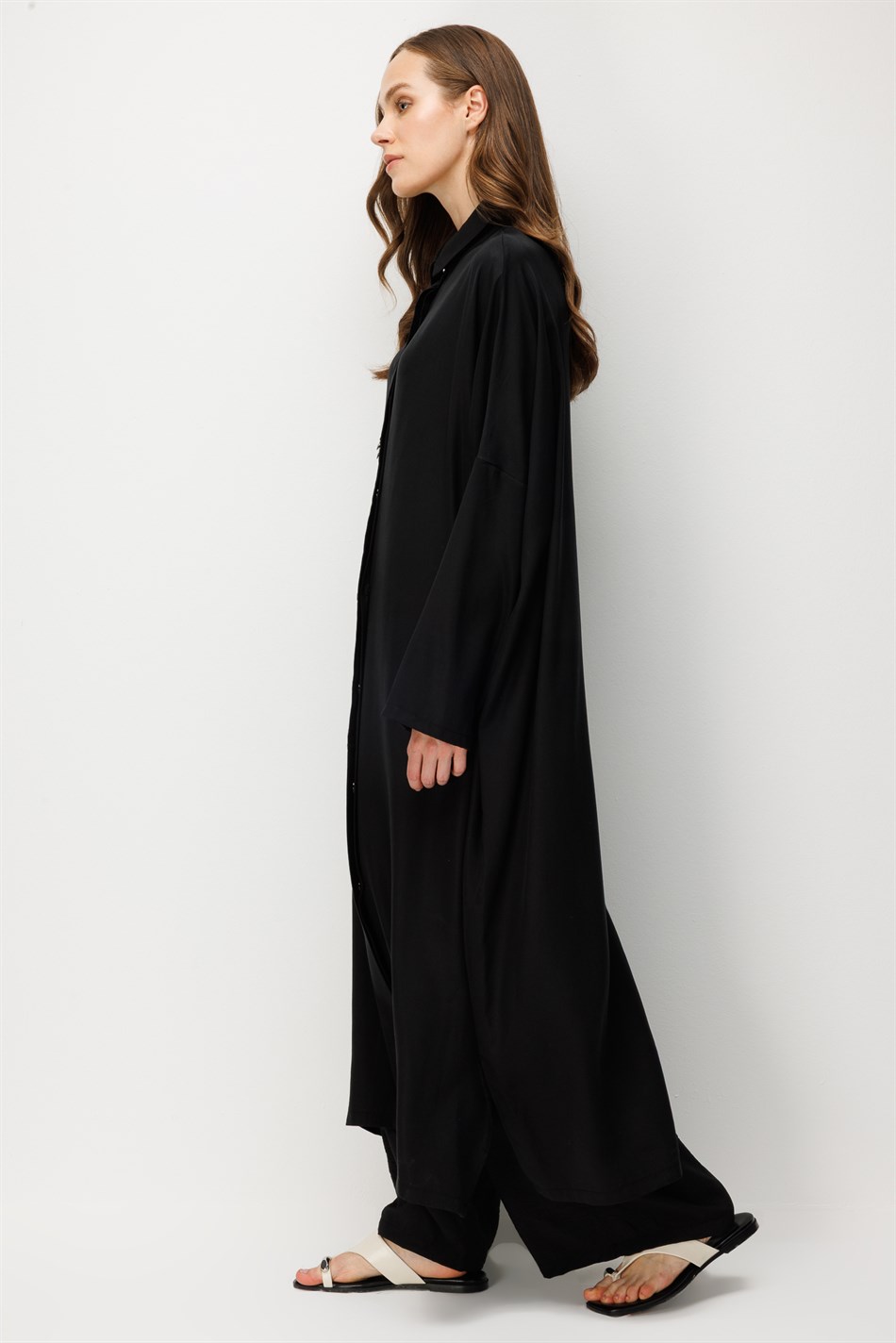 %100 LyoCell Özel Detay Garnili Maxi Tunik Kap-Siyah