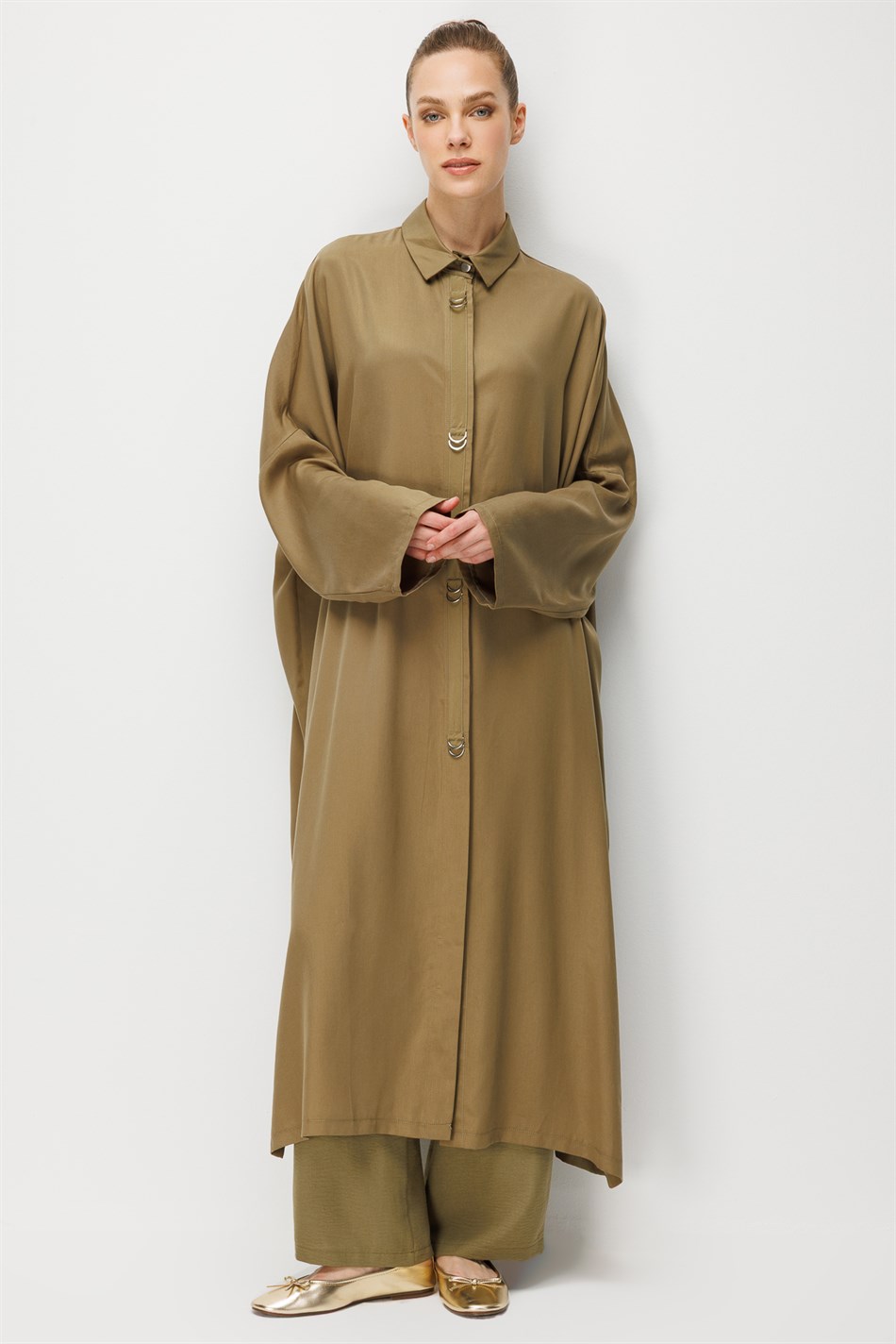 %100 LyoCell Özel Detay Garnili Maxi Tunik Kap-Haki