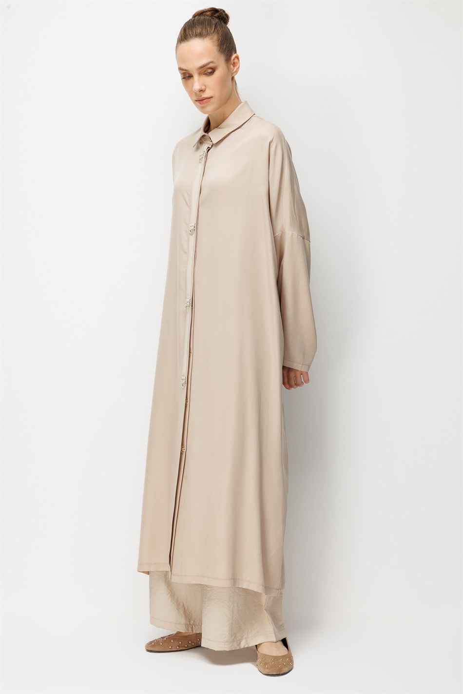 %100 LyoCell Özel Detay Garnili Maxi Tunik Kap-Taş