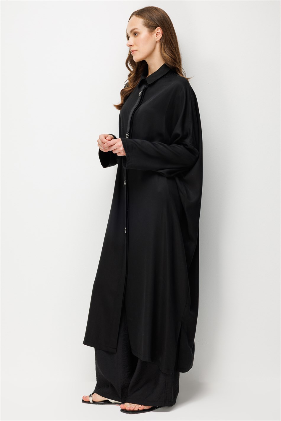 %100 LyoCell Özel Detay Garnili Maxi Tunik Kap-Siyah