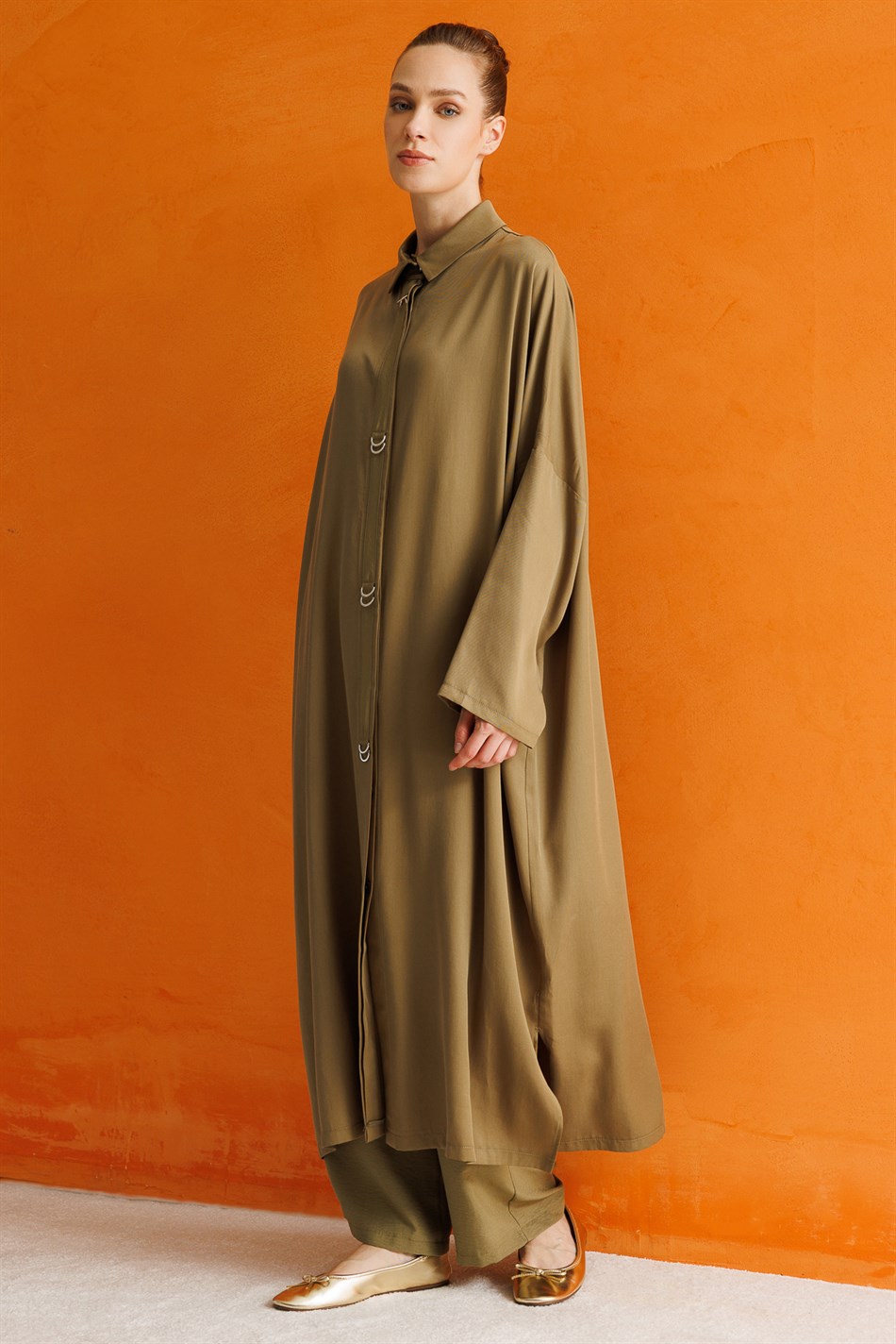 %100 LyoCell Özel Detay Garnili Maxi Tunik Kap-Haki