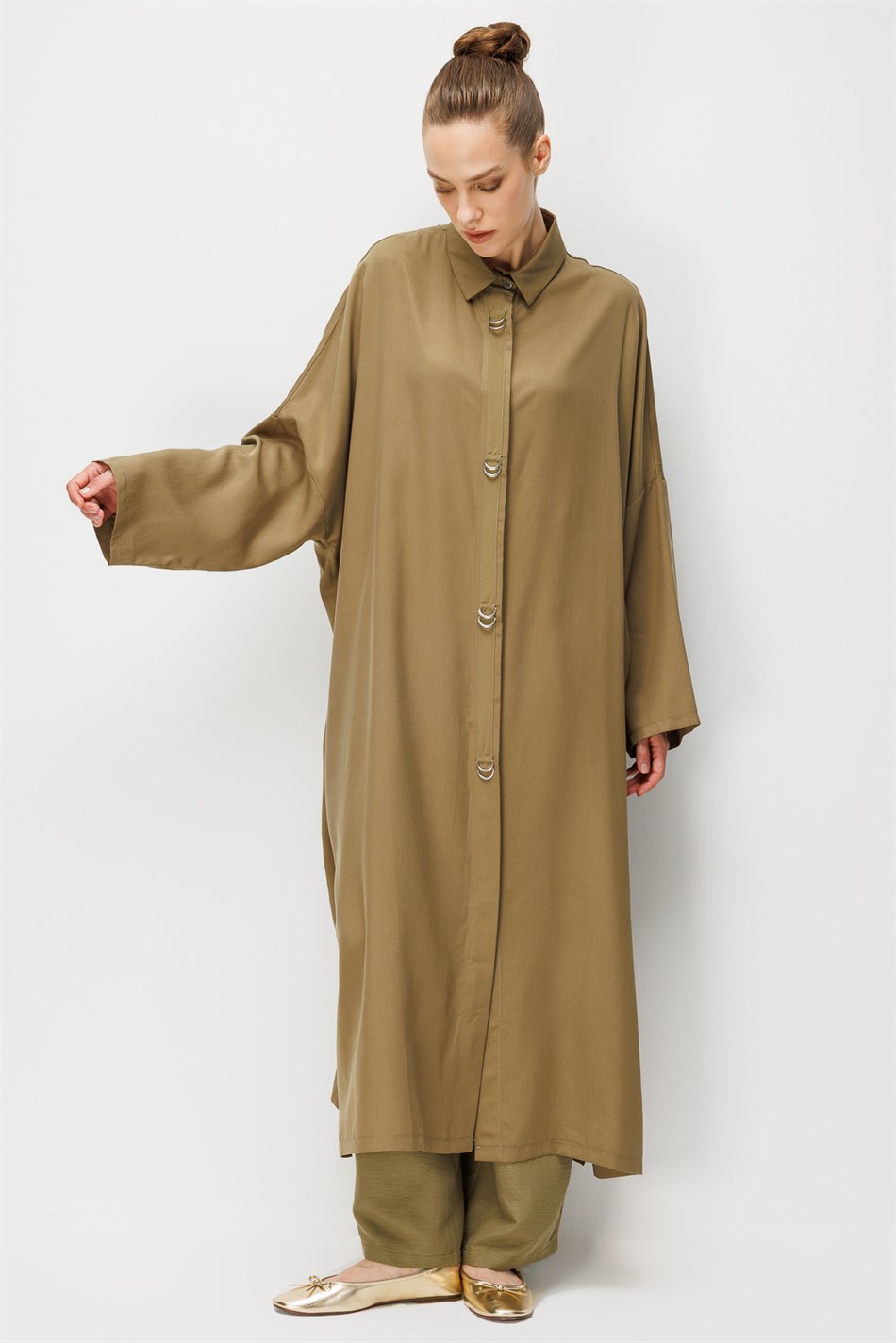 %100 LyoCell Özel Detay Garnili Maxi Tunik Kap-Haki