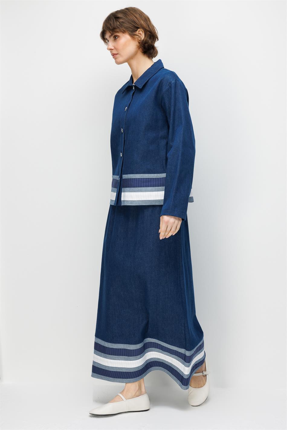 %100 Pamuk Denim Marin Garni Detaylı Etek Ceket Kombinli Takım-Denim