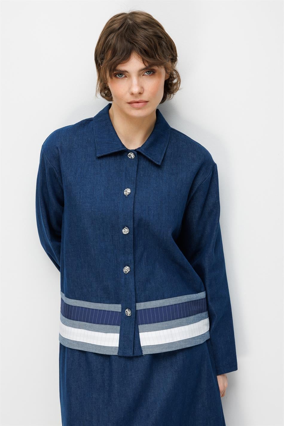 %100 Pamuk Denim Marin Garni Detaylı Etek Ceket Kombinli Takım-Denim