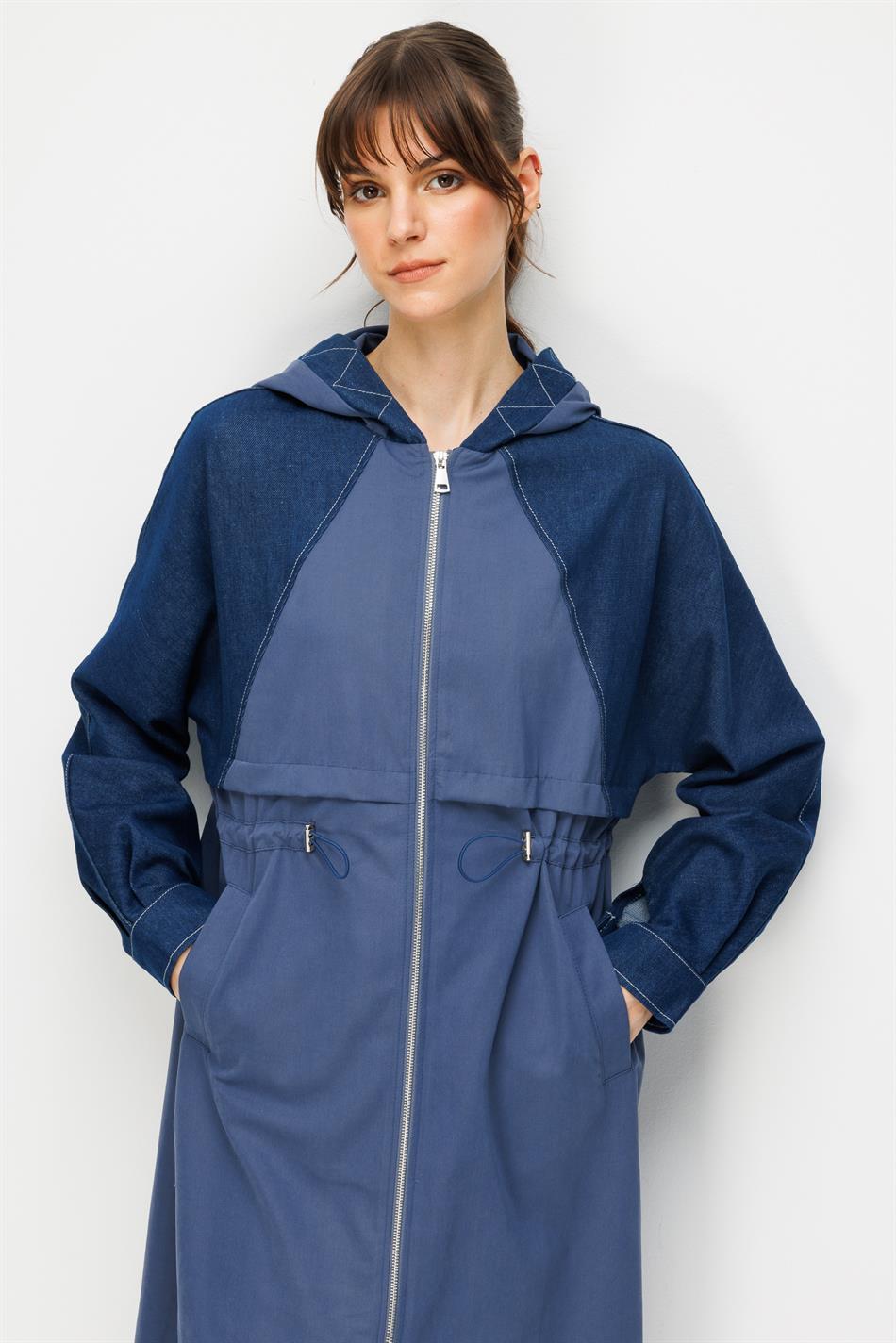 %100 Pamuk Yıkanmış Soft Denim ve Garni Kumaşlı Zamansız Trench Kap-İndigo