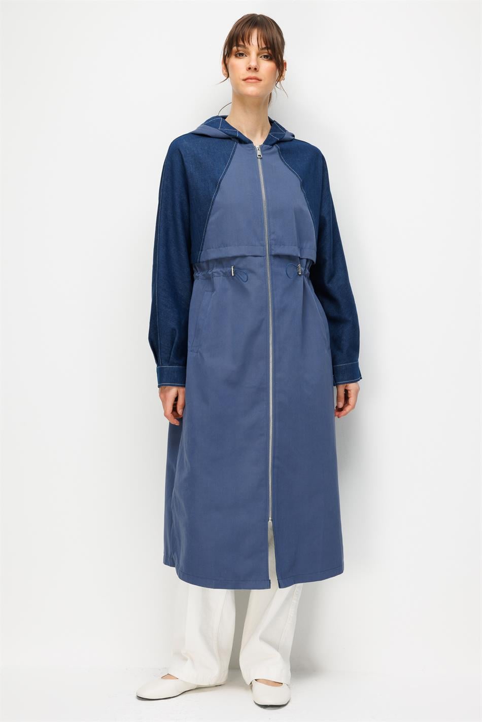 %100 Pamuk Yıkanmış Soft Denim ve Garni Kumaşlı Zamansız Trench Kap-İndigo