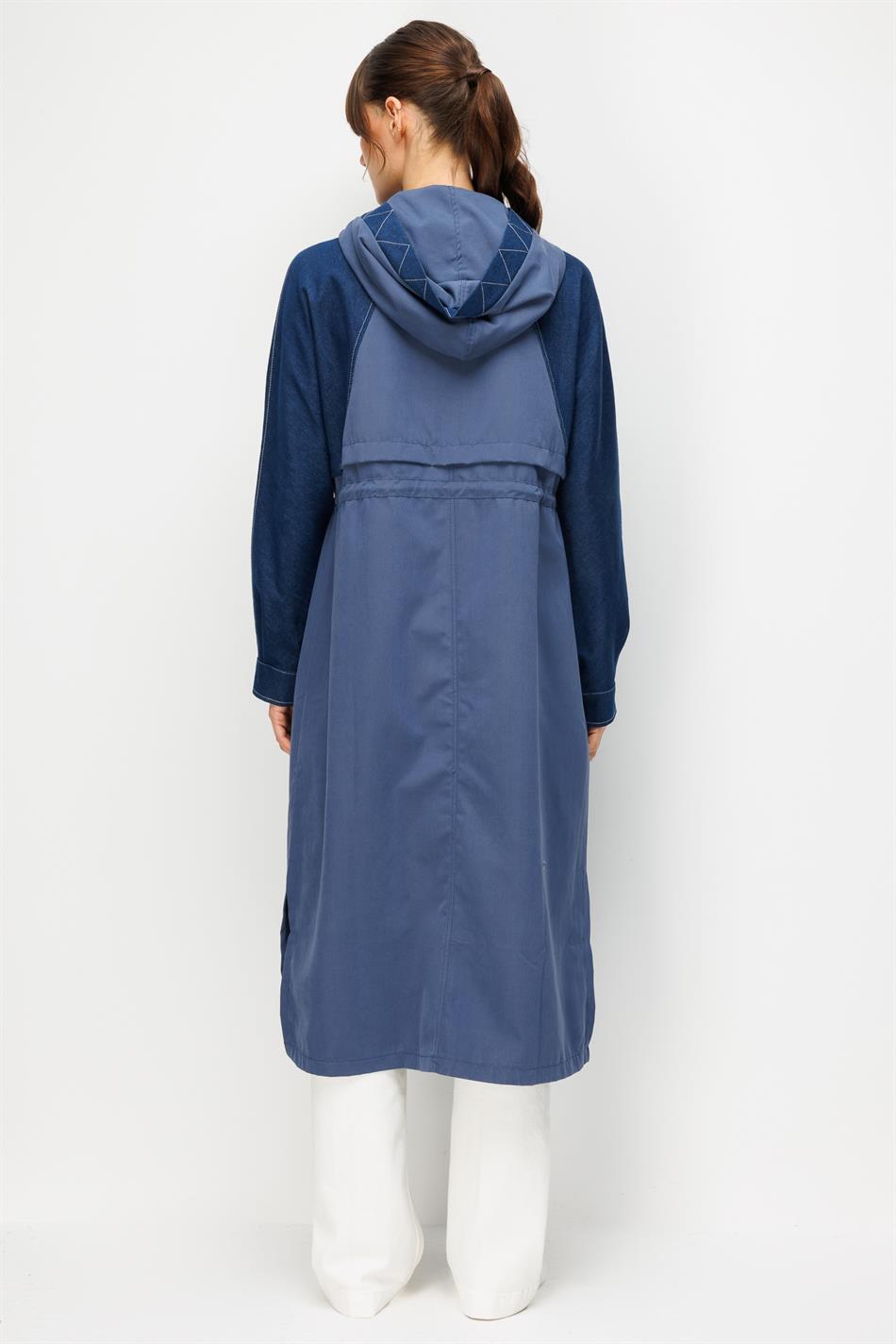 %100 Pamuk Yıkanmış Soft Denim ve Garni Kumaşlı Zamansız Trench Kap-İndigo