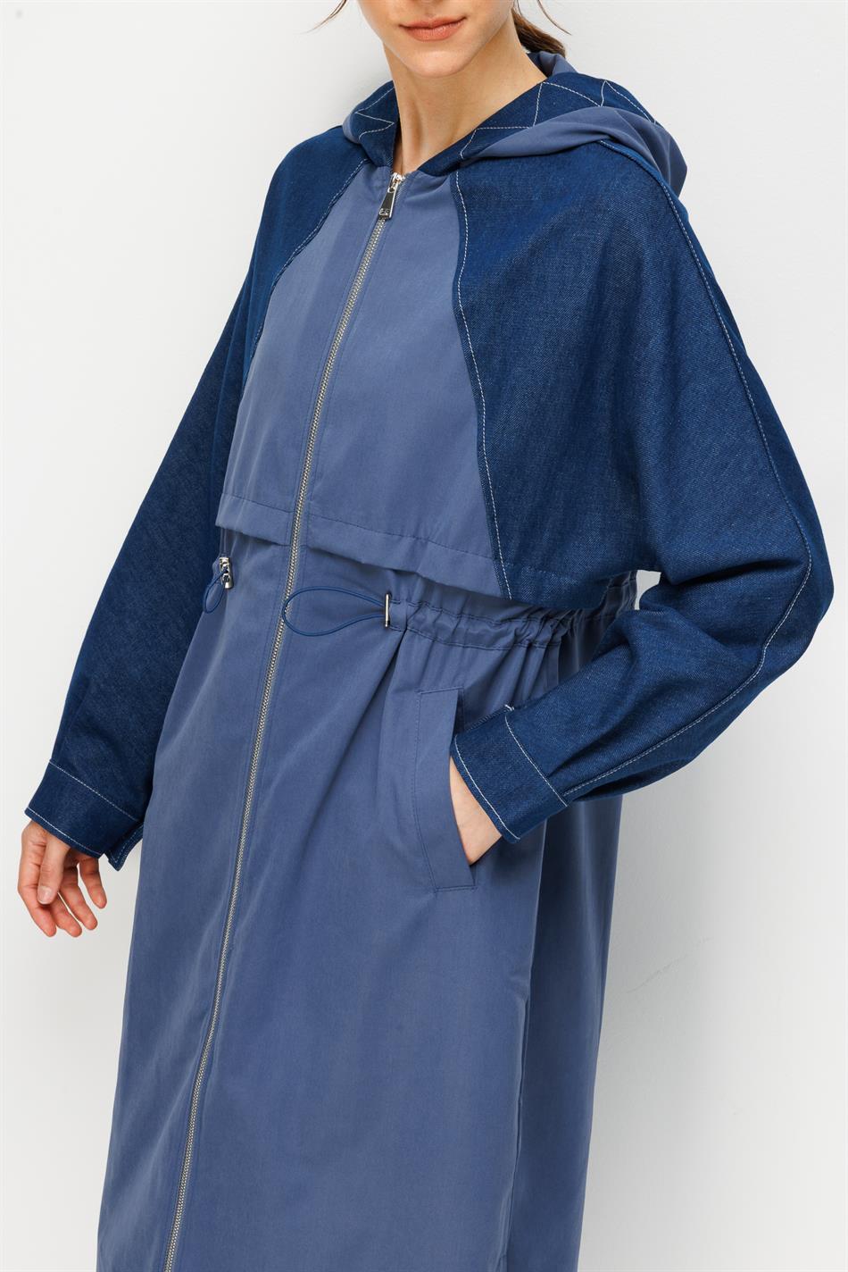 %100 Pamuk Yıkanmış Soft Denim ve Garni Kumaşlı Zamansız Trench Kap-İndigo