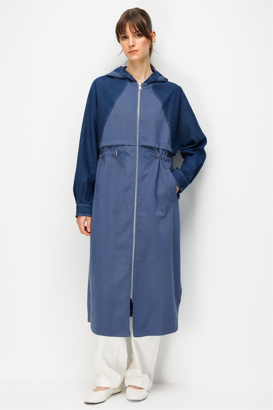 %100 Pamuk Yıkanmış Soft Denim ve Garni Kumaşlı Zamansız Trench Kap-İndigo