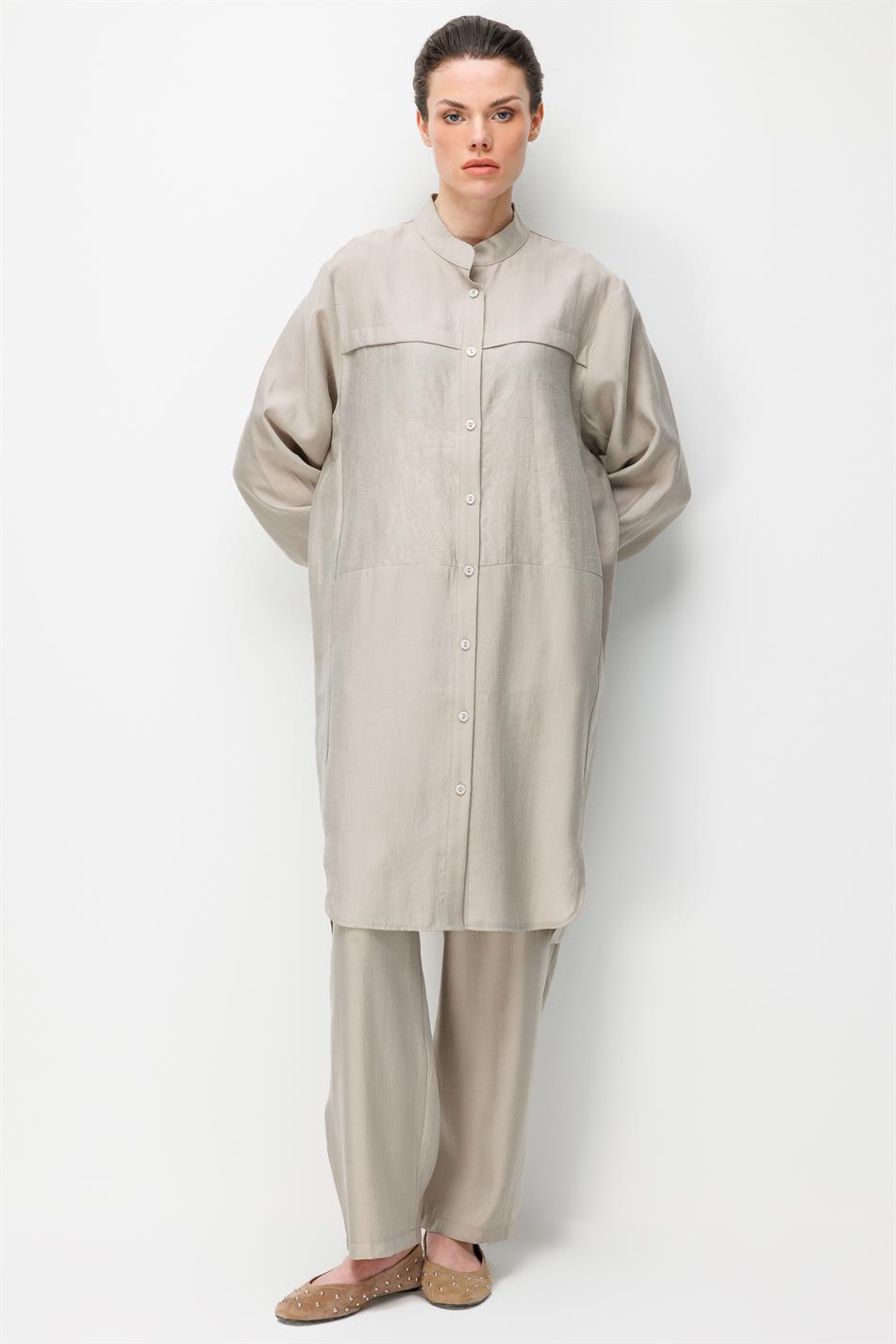 %80 Doğal LyoCELL Dökümlü Soft Hissiyat  Ön Beden Özel Dokuma Desen Pantalon ve Maxi Tunik Takım-Taş