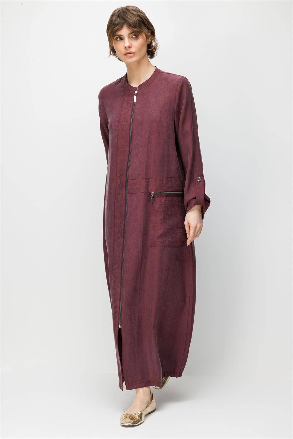 %80 Doğal LyoCELL Dökümlü Soft Hissiyatlı Ara Desen Beden ve Cep Süslemeli Kap Ferace-Bordo