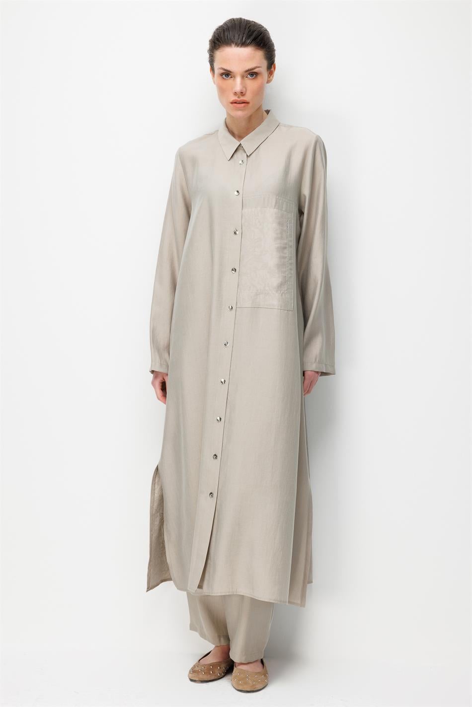 80% natuurlijk LyoCELL, soepelvallende achterkant, speciaal geweven patroon, broek en maxi-tuniek set - Steenkleur