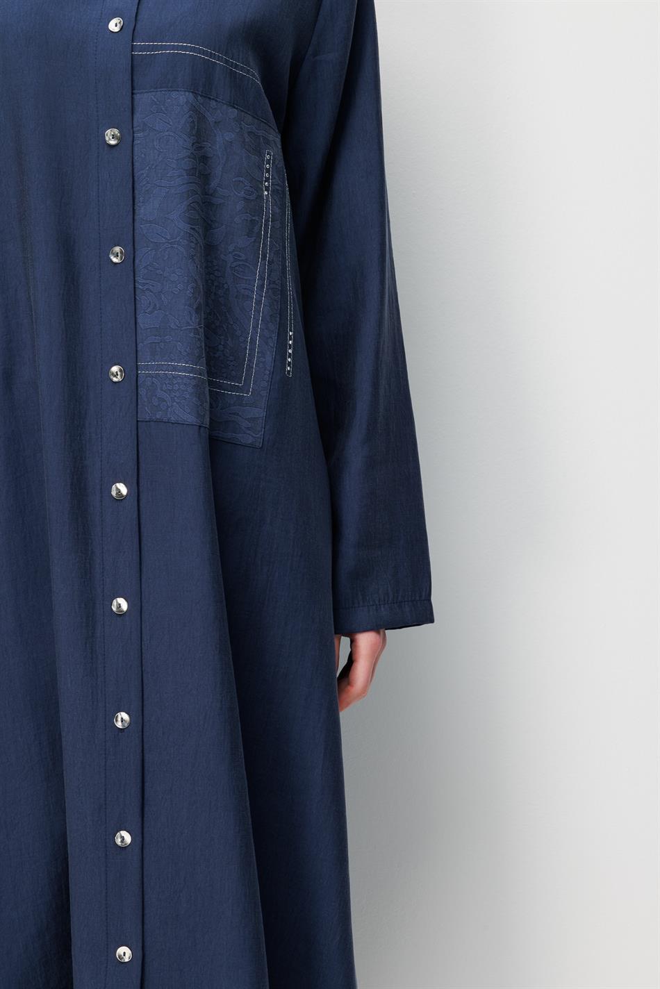 80% natuurlijk LyoCELL, soepele achterkant met gedrapeerd, speciaal geweven patroon, broek en maxi-tuniek combinatieset - Marineblauw