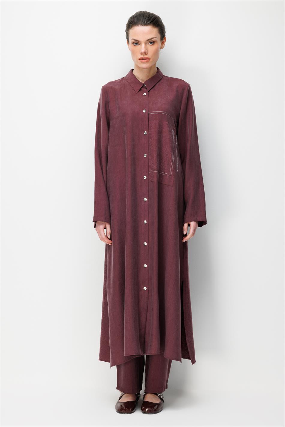 80% natuurlijk LyoCELL, soepelvallende achterkant, speciaal geweven patroon, broek en maxi-tuniek set - bordeauxrood