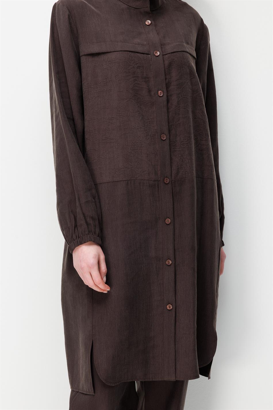 %80 Doğal LyoCELL Dökümlü Soft Hissiyat  Ön Beden Özel Dokuma Desen Pantalon ve Maxi Tunik Takım-Kahve