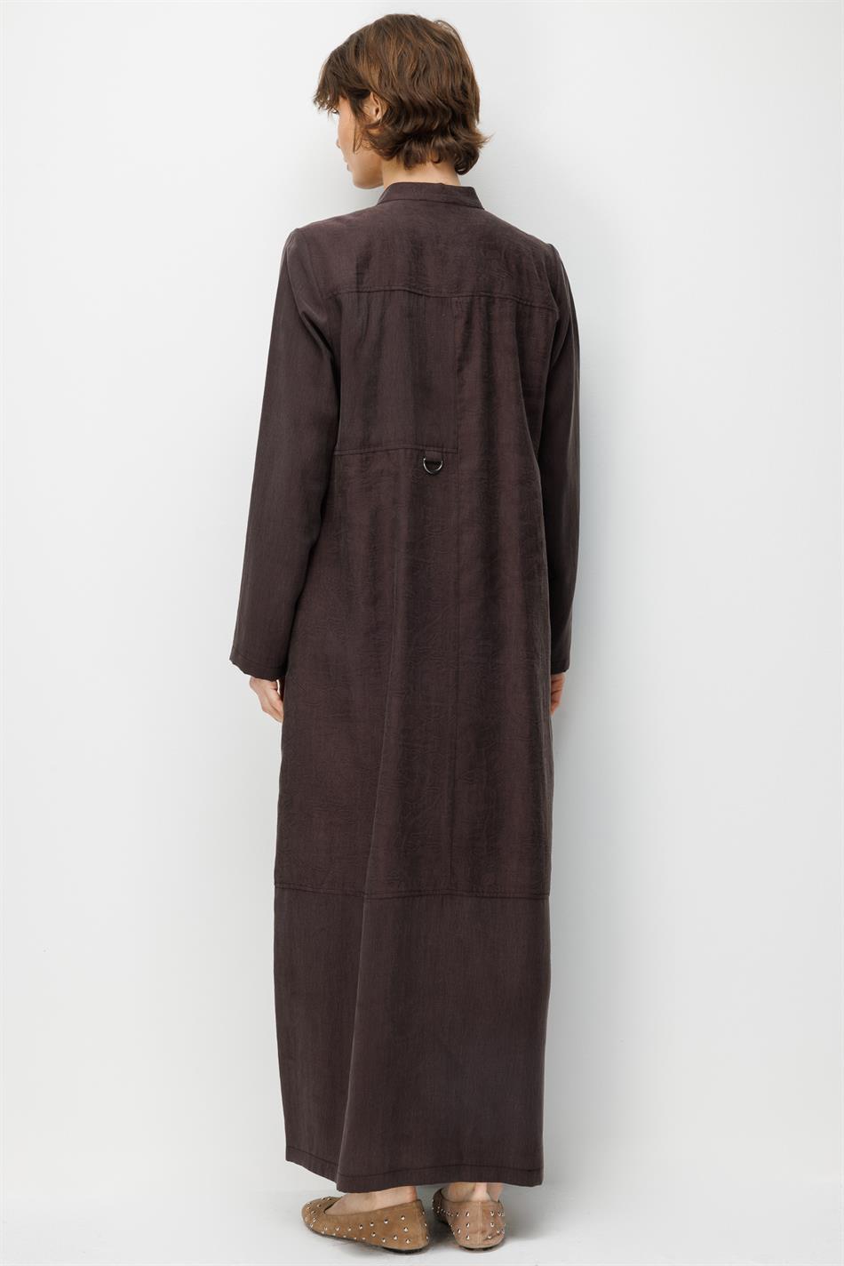 %80 Doğal LyoCELL Dökümlü Soft Hissiyatlı  Ara Desen Cep ve Garni Detaylı Kap Ferace-Kahve