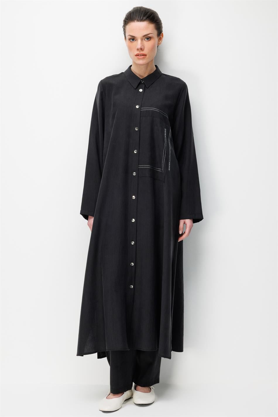 %80 Doğal LyoCELL Dökümlü Soft Hissiyat Arka Özel Dokuma Desen Pantolon ve Maxi Tunik Kombin Takım-Siyah