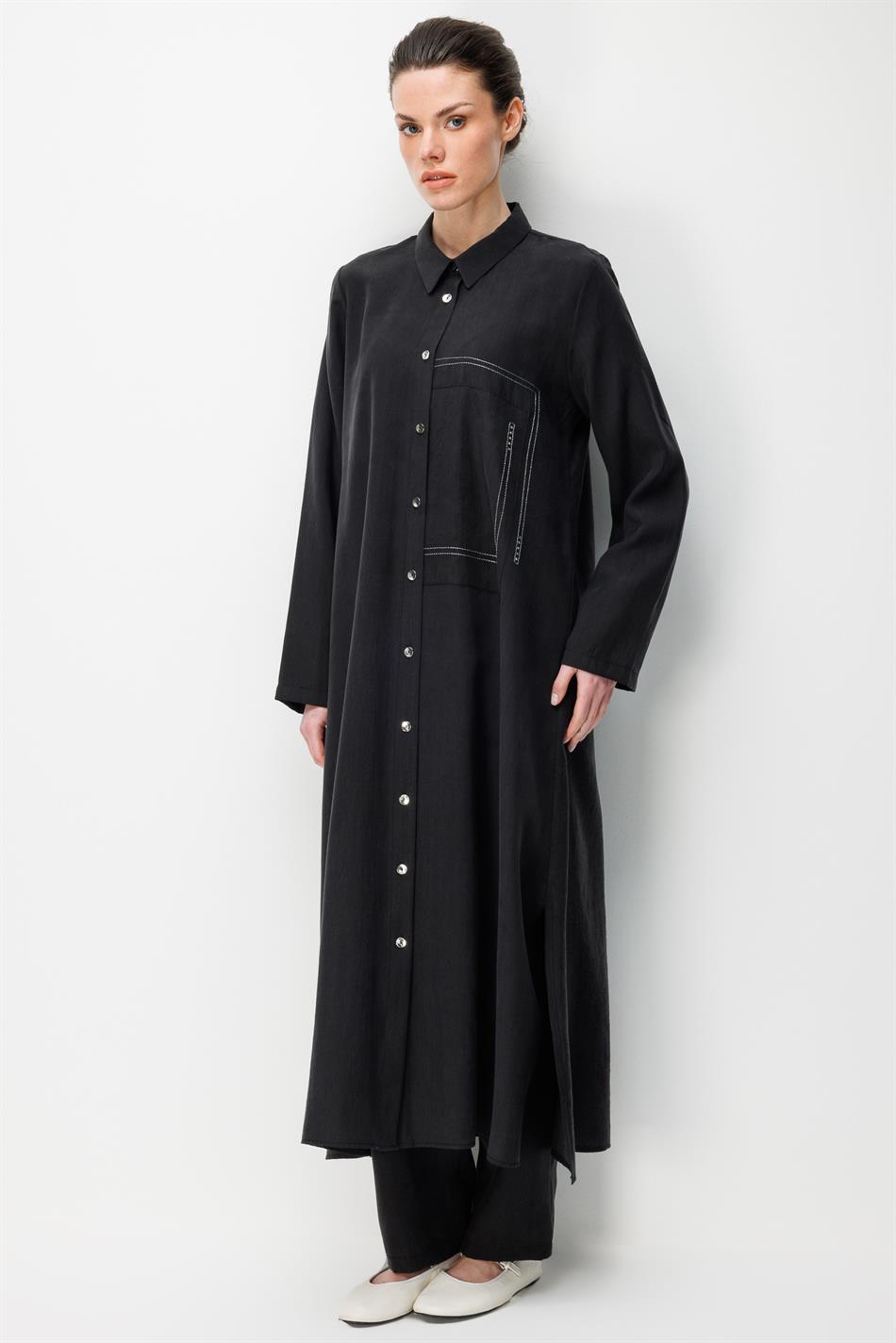 %80 Doğal LyoCELL Dökümlü Soft Hissiyat Arka Özel Dokuma Desen Pantolon ve Maxi Tunik Kombin Takım-Siyah